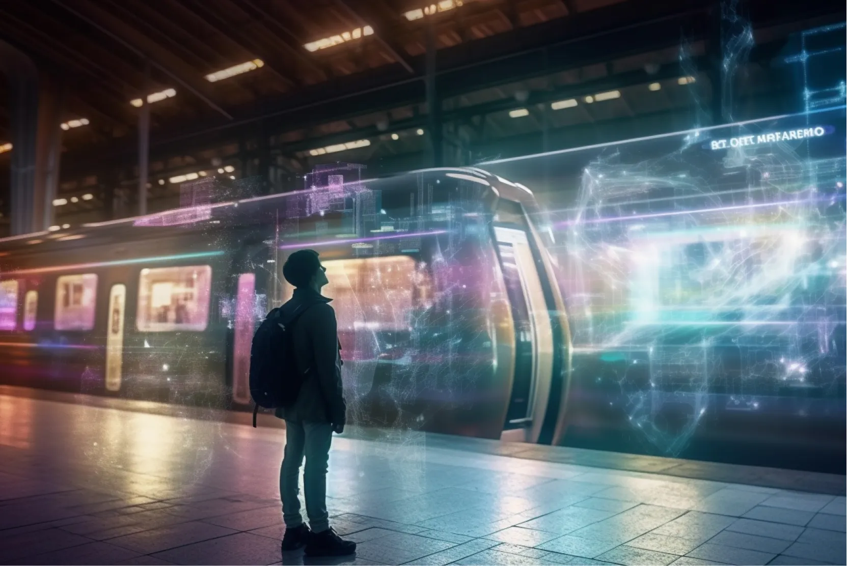 A photo of a boy watching as a futuristic train goes by and digital aftereffects are behind it